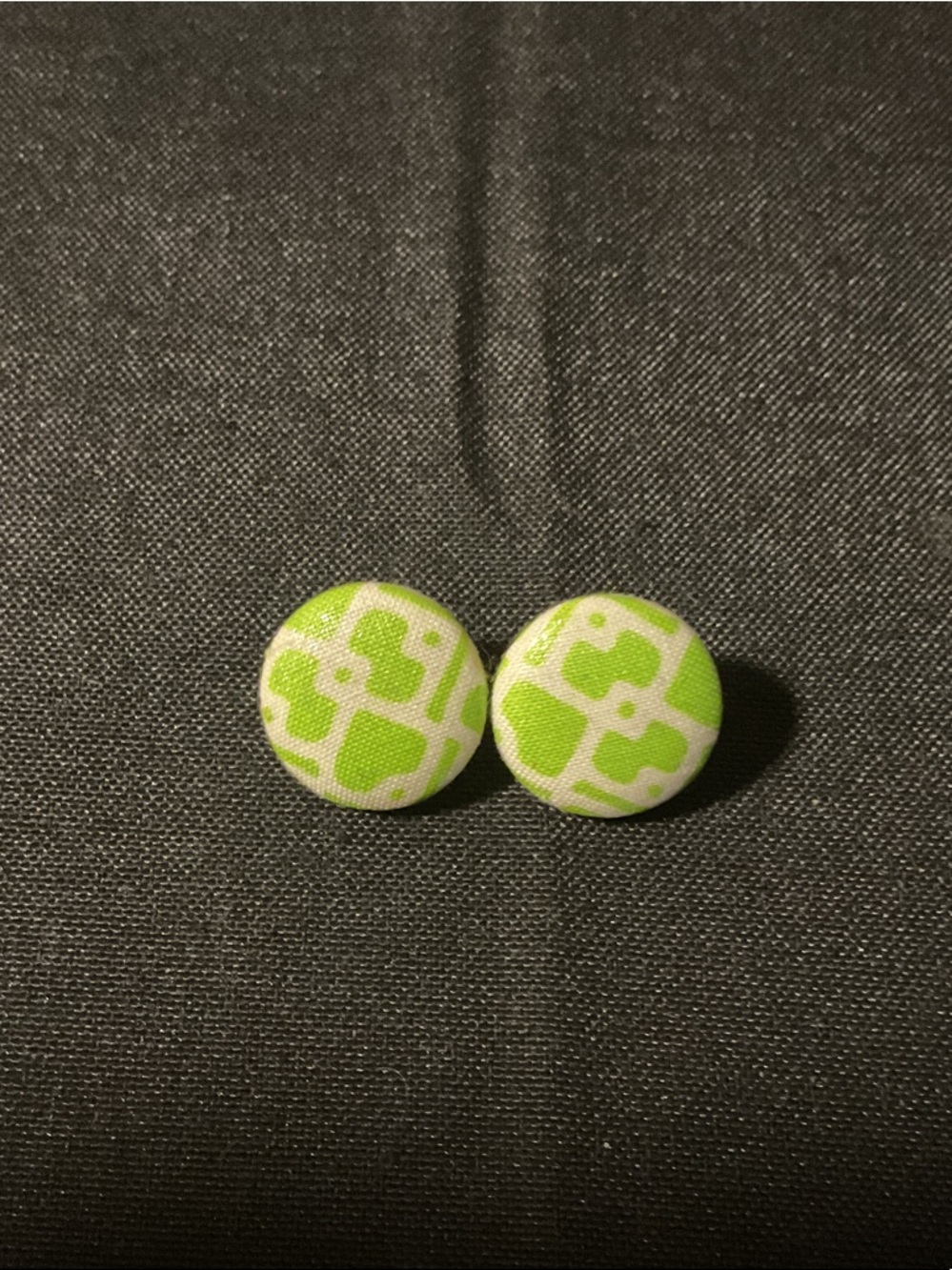 Green and White Patterned Fabric Button Earrings